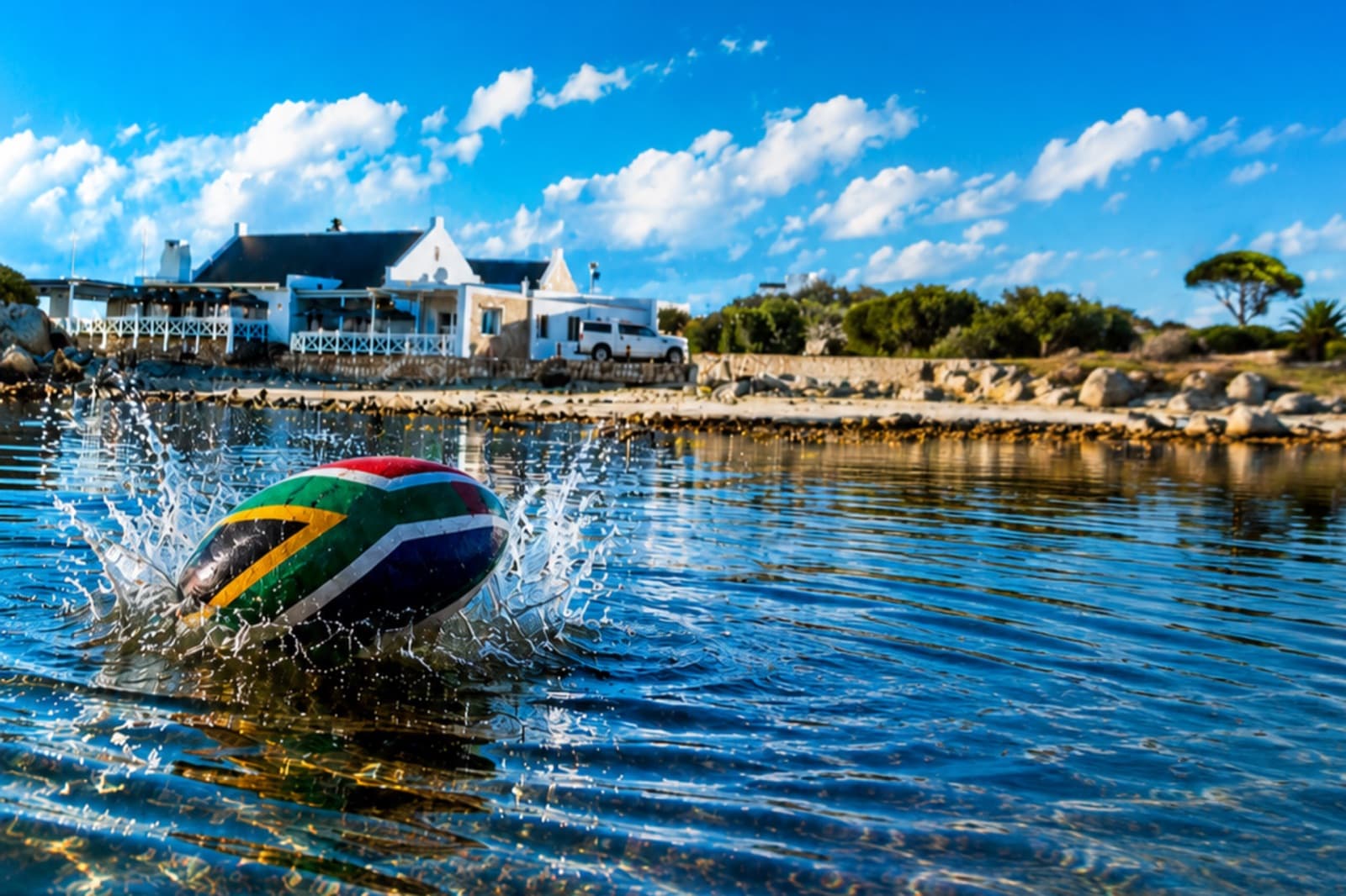 Springbok rugby ball splashing into the bay at Jacobsbaai West Coast